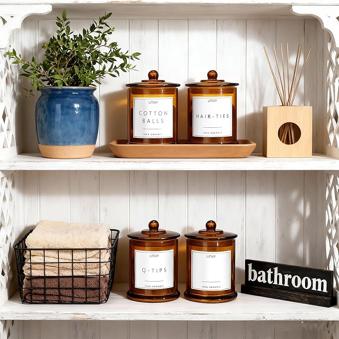 4 Pack Bathroom Organizers and Storage - 16 Oz Glass Qtip Holder & Cotton Pad Dispenser with Lid, Apothecary Jars for Home, Room Decor, Kitchen Organizer (Amber)
