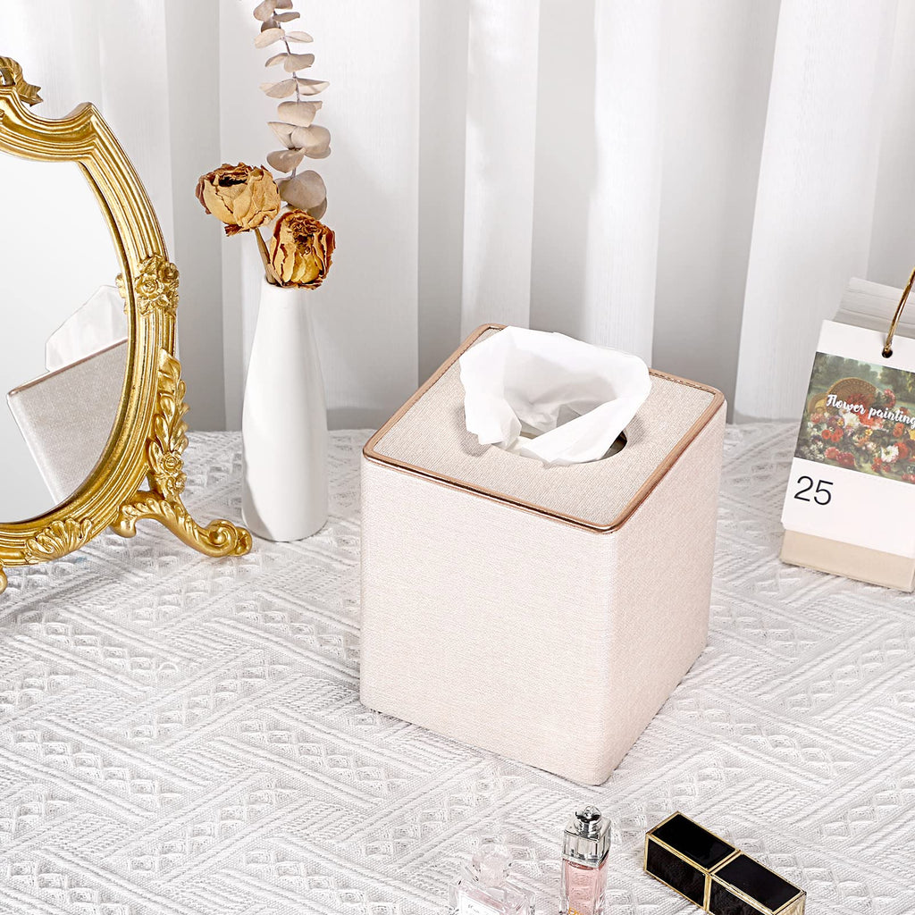 Sumnacon Square Linen Tissue Box Cover - Stylish Cube Tissue Box Holder with Magnetic Bottom, Decorative Tissue Box for Vanity Toilet Tank Dresser Night Stand Table Countertop Office Car, Beige
