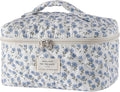 uekeboag Large Travel Quilted Makeup Bag for Women, Floral Cotton Cosmetic Bag, Coquette Aesthetic Floral Toiletry Organizer Bag(Little Blue Flower
