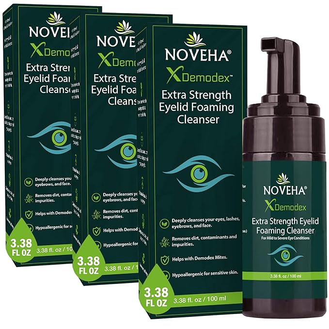 NOVEHA Extra Strength Tea Tree Eyelid & Face Foaming Cleanser – Daily Cleansing Foam with Tea Tree Oil, Coconut Oil, Vitamin E & Pro-Vitamin B5 – For Eyelids, Lashes & Face – 3.38 fl oz (3 Pack)