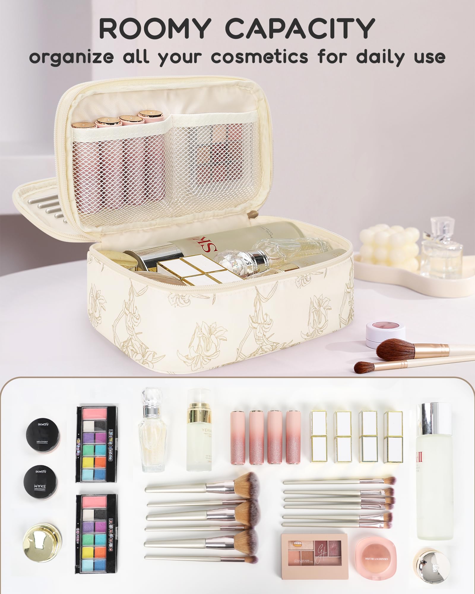 Relavel Travel Makeup Bag, Small Floral Cosmetic Bag with Makeup Brush Compartment, Portable Makeup Pouch for Women, Double Layer Cute Toiletry Organizer Bag, Lily Floral