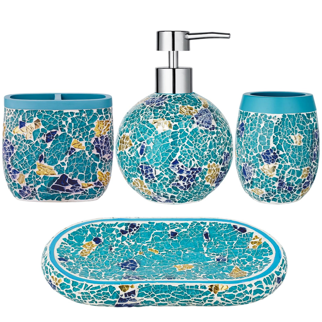 Handmade Blue Mosaic Glass Bathroom Accessory Sets 4PCS Bathroom Accessories Set Complete Includes Lotion Dispenser Toothbrush Holder Tumbler Cup & Soal Dish