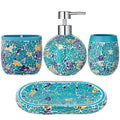 Handmade Blue Mosaic Glass Bathroom Accessory Sets 4PCS Bathroom Accessories Set Complete Includes Lotion Dispenser Toothbrush Holder Tumbler Cup & Soal Dish