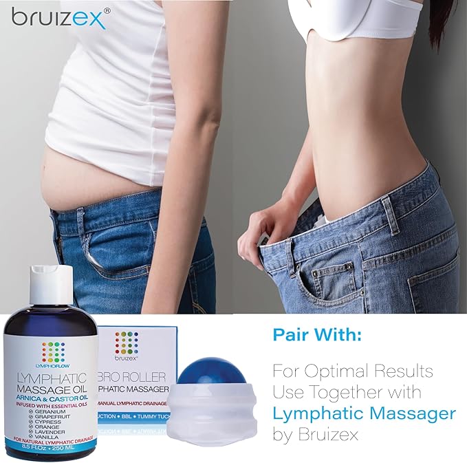 Bruizex Lymphatic Drainage Massage Oil with Arnica & Cold Pressed Castor Oil- Lightweight Non-Greasy Body Massage Oil for Daily Lymphatic Massage, Aftercare Routine, Post Surgery, BBL, Lipo - 8.5 Oz