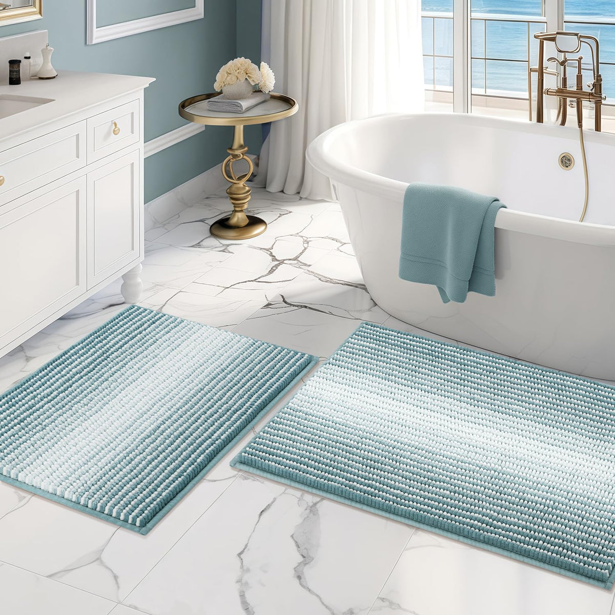 BSICPRO Fall Bathroom Rugs Sets 2 Piece, Non Slip Bath Mats, Sunset Orange