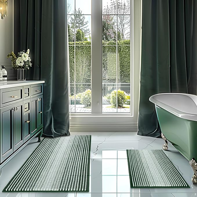 Bathroom Rugs and Mats Sets, 2 Piece Thick Absorbent Chenille Bath Mat Rug Set Non Slip, Soft Shaggy Bath Room Floor Mats for Bathroom, Machine Washable (Hunter Green, 20" x 47" Plus 16" x 24")
