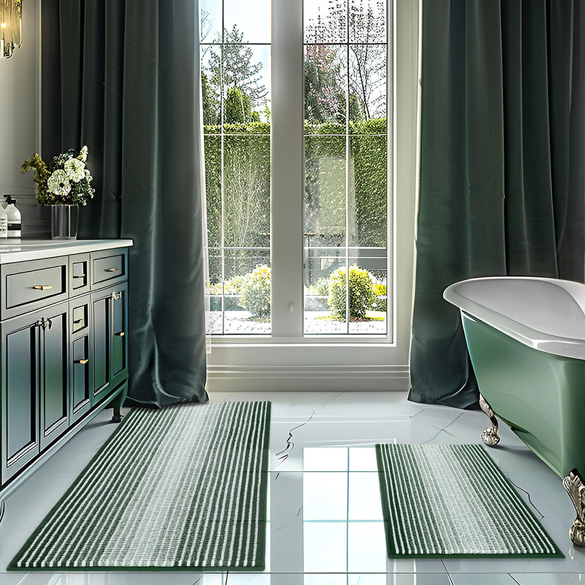 BSICPRO Bathroom Rugs Sets 2 Piece, Non Slip Striped Bath Mats, Teal