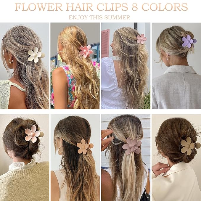 Flower Hair Clips 8PCS, Large Claw Clips for Women Girls Thick Thin Hair, Strong Hold Nonslip Big Dasiy Jaw Clamps Matte Hair Accessories 8 Colors