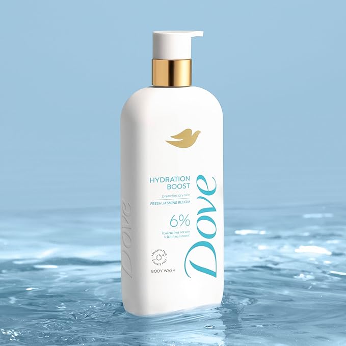Dove Body Wash Hydration Boost Actively drenches dry skin 6% hydration serum with hyaluronic 18.5 oz
