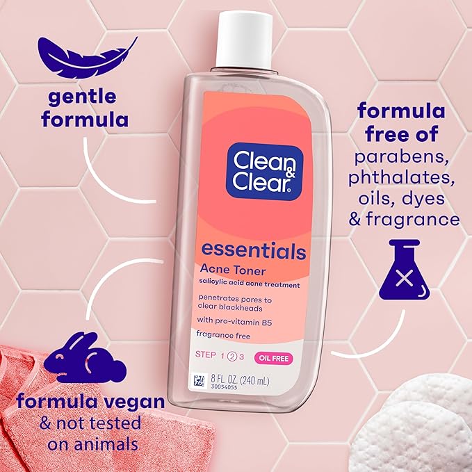 Clean & Clear Essentials Oil-Free Acne Toner, 2% Salicylic Acid Acne Treatment, Gentle Facial Toner for Pimples Cleanses Pores to Clear & Remove Blackheads, Fragrance Free, 8 fl. oz (Pack of 2)