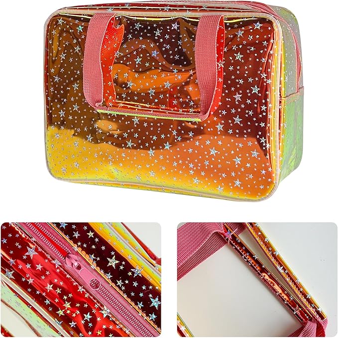 TotePrint Holographic Brown Clear Star Large Cosmetic Bag and TPU Travel Pouch with Handle,Durable Material,Zipper Design-Ideal for Makeup,Travel Essentials 11.81x5.12x8.27inch (Brown)
