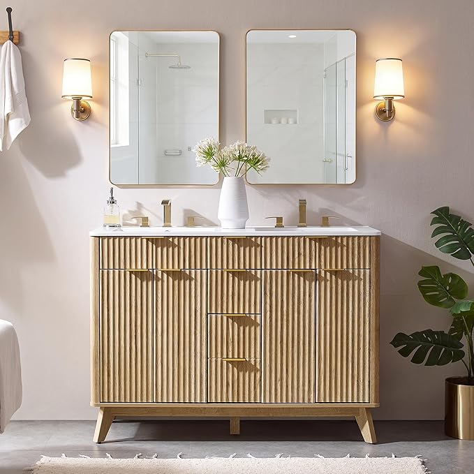 T4TREAM 48" Fluted Bathroom Vanity with Resin Sink Combo，Freestanding Modern Bathroom Storage Vanity Cabinet with Soft Closing Doors & 2 Drawers，Wood Grain Texture，Metal Handle，Natural Oak
