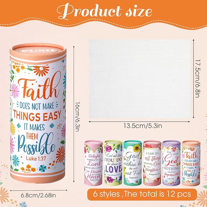 Outus 12 Pack Floral Christian Car Tissue Holder Cylinder with 3 Ply Facial Napkin Refillable Round Tube Tissue Boxes Container for Car Cup Holder SUV Home Office Travel Religious Bible Verse Gift