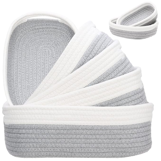 HLWDFLZ 7 Piece Cotton Rope Woven Basket Set - Small Basket for Baby Nursery, Pets, Montessori, Dog & Cat Toy Boxes, Bathroom Organization Bins (White/Gray)