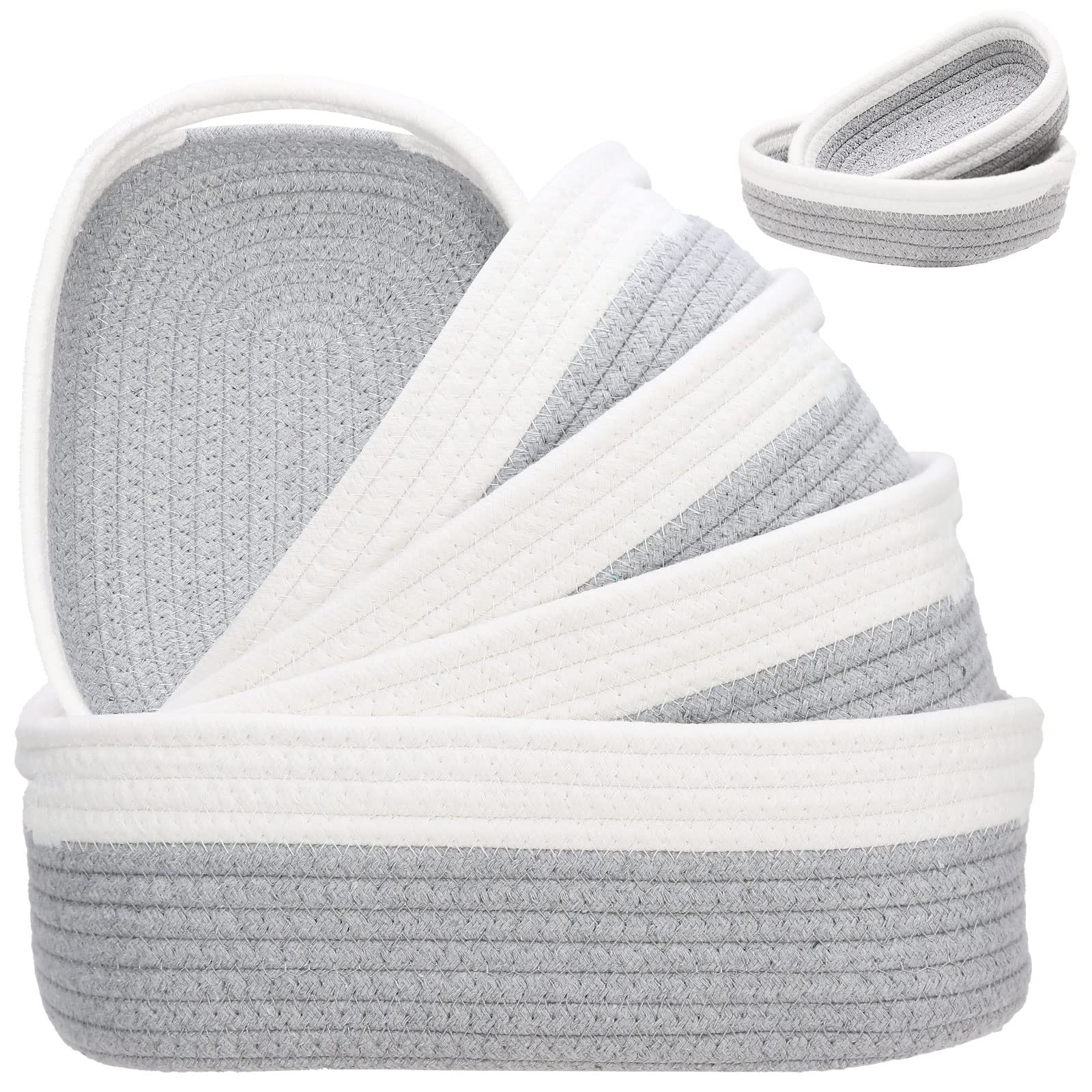 HLWDFLZ 7 Piece Cotton Rope Woven Basket Set - Small Basket for Baby Nursery, Pets, Montessori, Dog & Cat Toy Boxes, Bathroom Organization Bins (White/Gray)