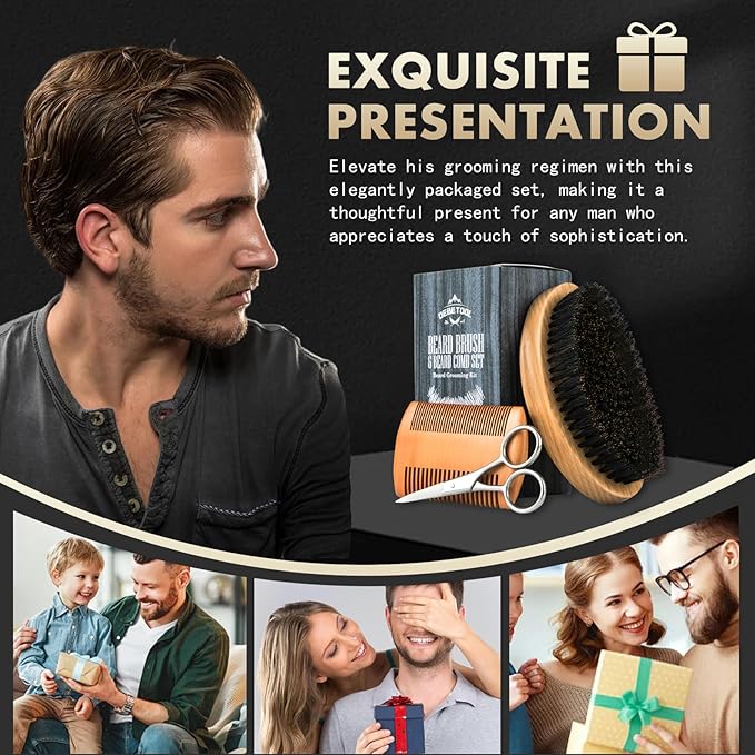 DEBETOOL Boar Bristle Beard Brush for Men - Wooden Beard Brush and Comb Set with Beard Scissors, Pocket Travel Men's Wooden Mustache Brush for Beard Care