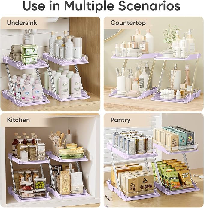 AUGBEAN 3 Pack Bathroom Organizers and Storage - Multi-Purpose,2-Tier Clear Pull Out Organization for Bathroom,Under Sink,Kitchen,Vanity,Countertop,Cabinet,Pantry & Medicine Cabinet,Pink