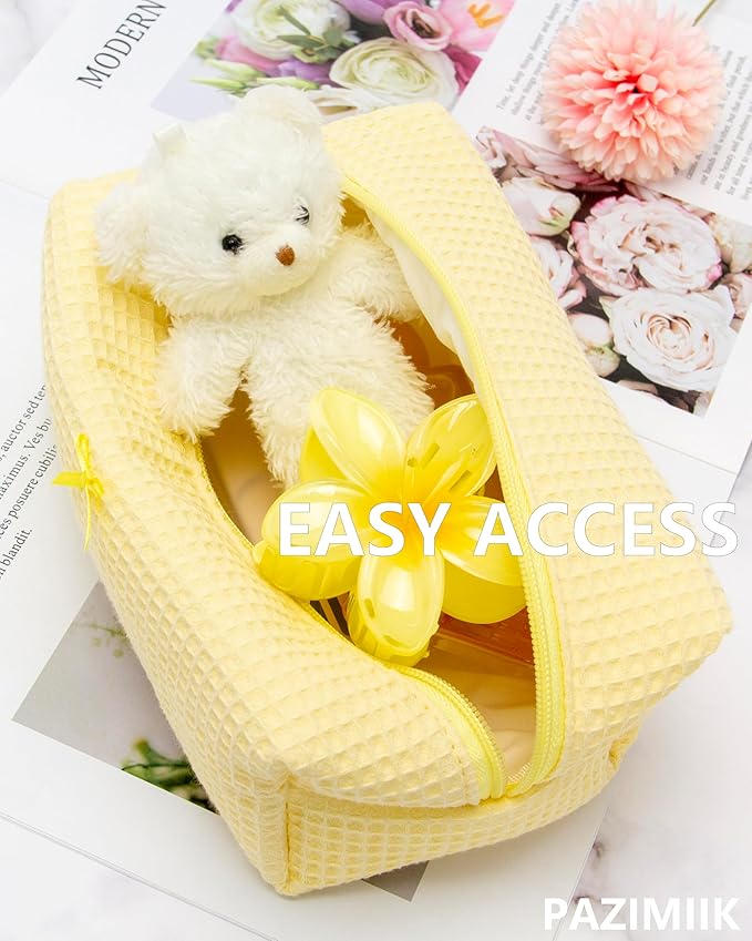 PAZIMIIK Cozy Makeup Bag for Women,Zipper Cosmetic Pouch,Waffle Yellow