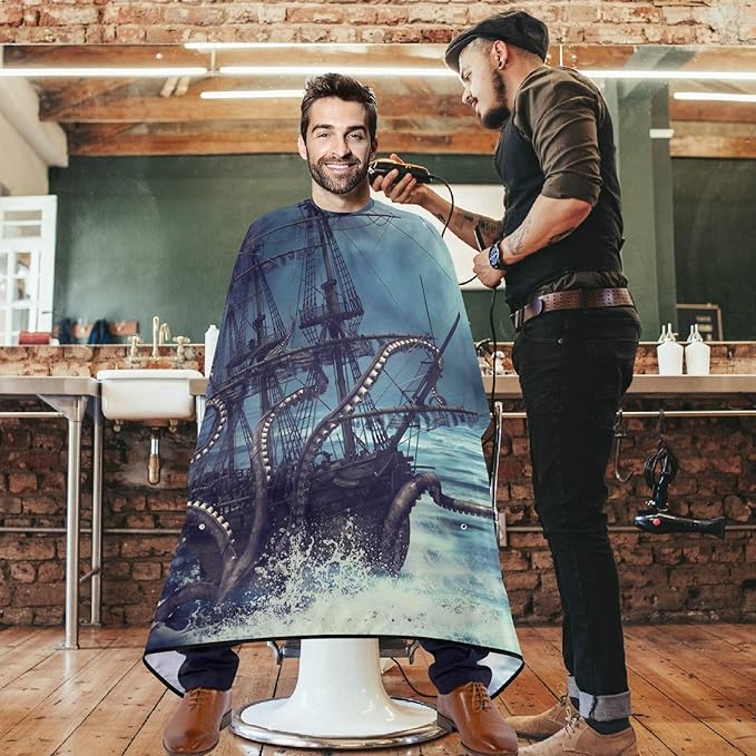 visesunny Barber Cape Octopus And Pirate Ship Black Pattern Polyester Hair Cutting Salon Cape Apron Anti-Static Haircut Shaving Cloth Beard Shaving Bib Hairdressing Cape