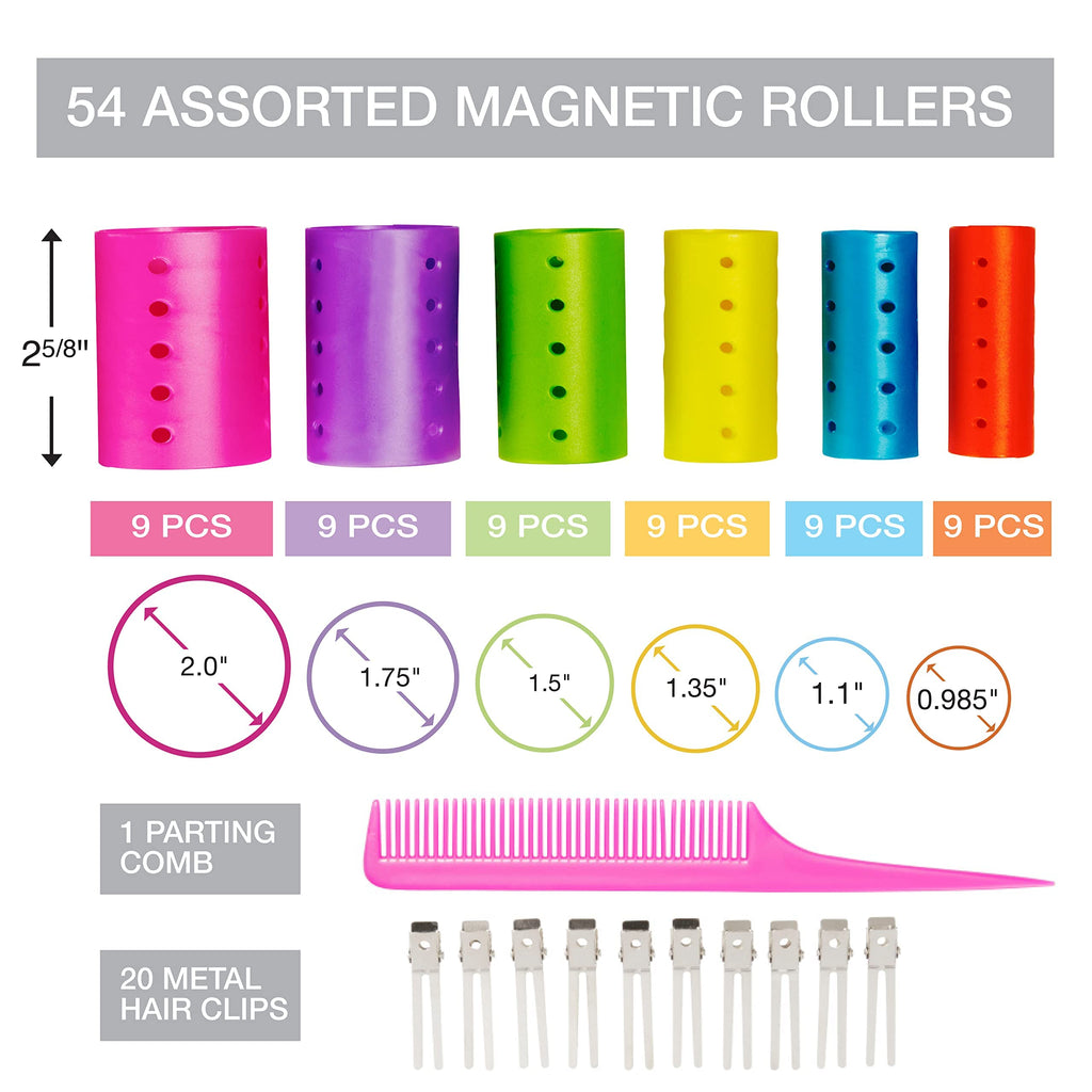 Conair Magnetic Hair Rollers, Curlers in Assorted Sizes and Colors, Rollers Curler Set with Comb Clips Included, 75-Piece