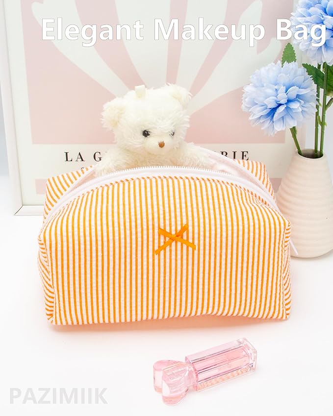 Cozy Makeup Bag for Women,Zipper Cosmetic Pouch,Stripe Orange,6 Pack