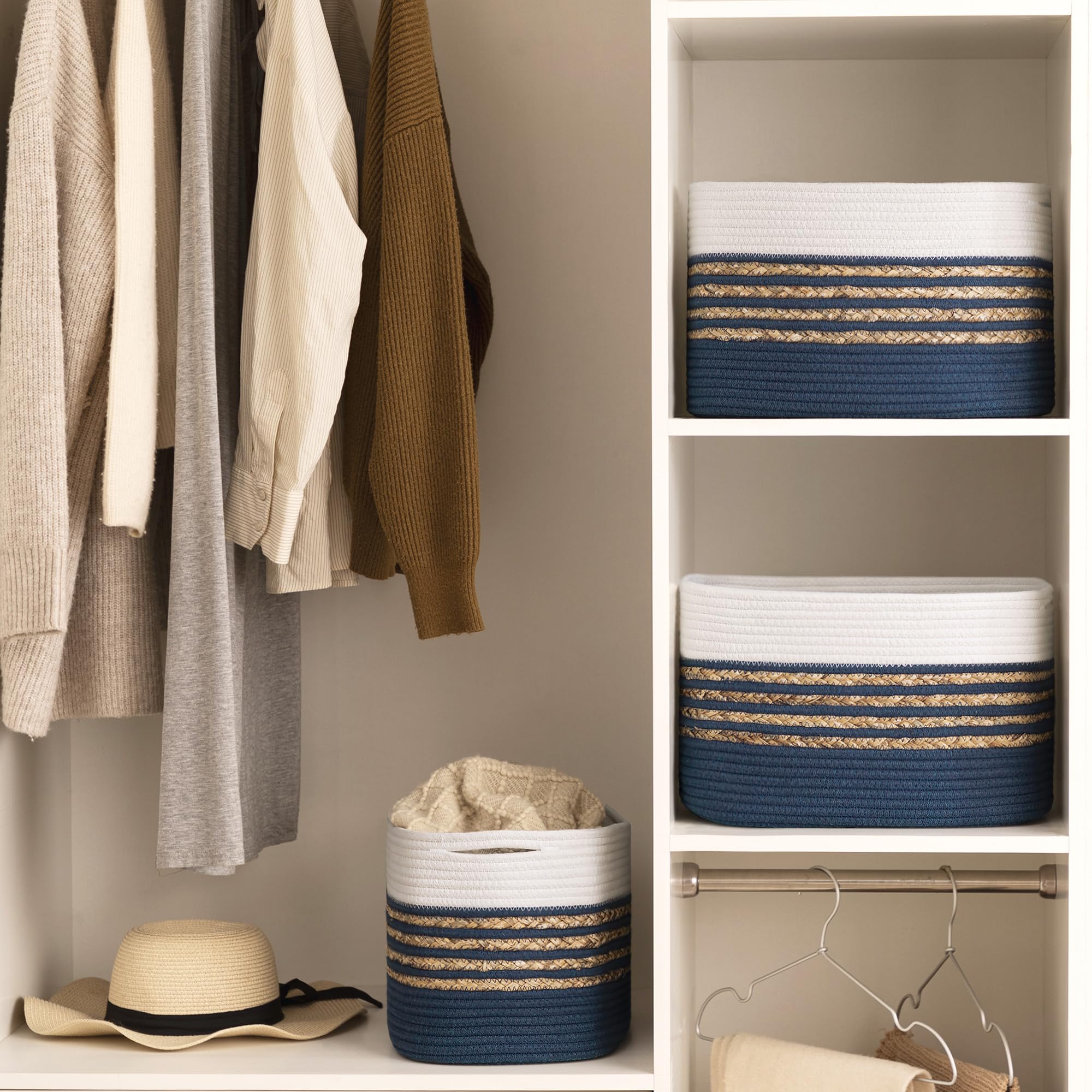 UBBCARE 4 Pack Baskets for Organizing, Woven Storage Baskets for Toys and Towel, Rectangle Cotton Rope Basket with Handles, 14''L x 8''W x9''H, Navy Blue