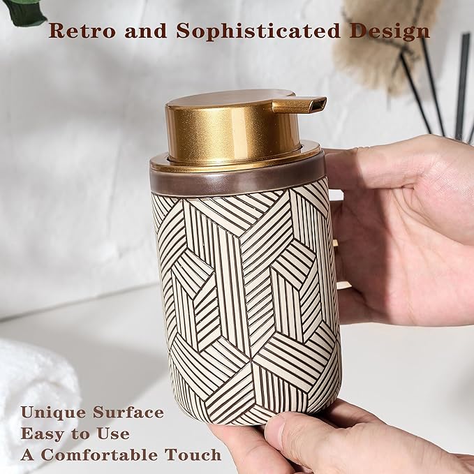 GIRLUFO Brown Foaming Soap Dispenser,Ceramic Foam Soap Dispenser for Bathroom&Kitchen,12oz Foam Dispenser with Plastic Gold Pump(Unique&Modern)