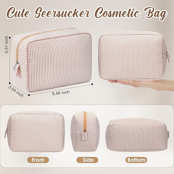Sanwuta 6 Seersucker Cosmetic Bag Bulk Striped Makeup Bag for Women Aesthetic Cute Travel Toiletry Organizer Preppy Storage Pouch for Wedding Bridesmaid Mother's Day Teacher Gift (Large,Khaki)