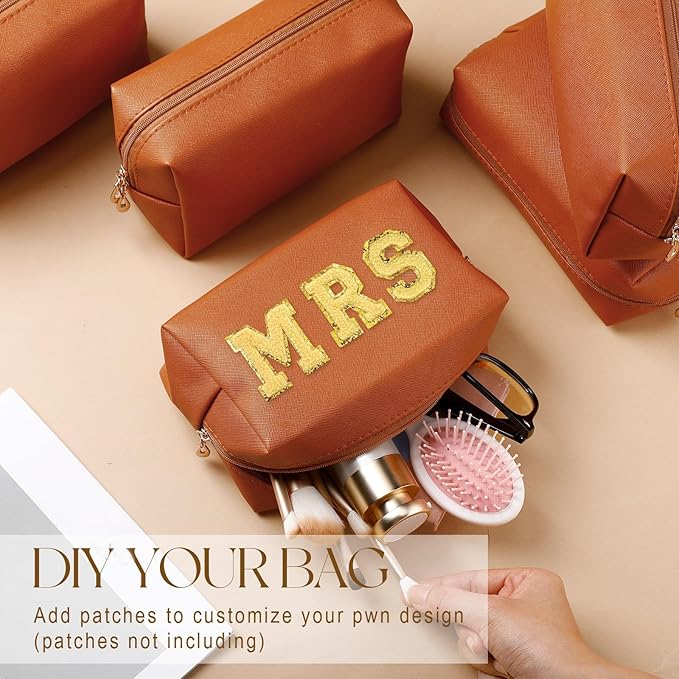 Kigeli Aesthetic Makeup Bags PU Leather Cosmetic Pouches Waterproof Plain Toiletry Bags Makeup Pouches Bulk for Women Party Gift Travel Storage Organizer(Orange Brown,7.1 x 2.8 x 4.3 in)