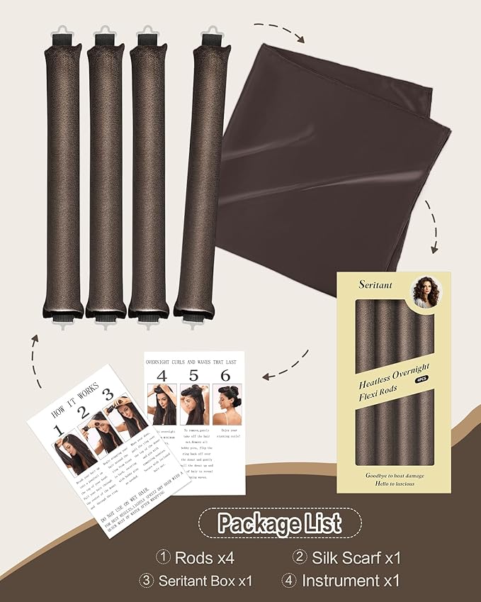Seritant Heatless Curls Overnight with Satin Head Scarf, Velvet Hair Rollers for Blowout Look, No Heat Curling Rod for Long Thick Hair, Soft Sleep In Flexi Rods