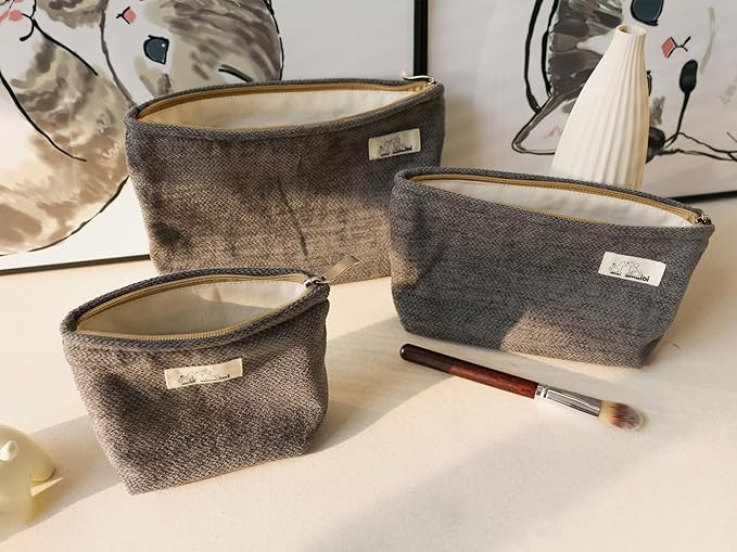 HAPPYHEIDI Gray Velvet Corduroy Makeup Bag Set 3 with Compartment Women Girls Cosmetic Toiletry Pouch,Travel Accessory Organizer, 3-Size, Canvas Lined