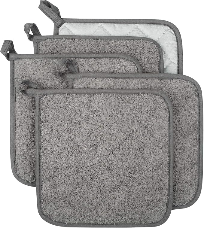Lifaith Pot Holders for Kitchen, 100% Cotton Terry Pot Holder Set of 5, Heat Resistant Hot Pads for Cooking, Baking, Hot Dishes and Countertop Protection,Grey