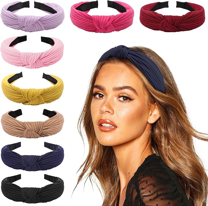DRESHOW 8 Pack Knotted Headbands for Women Wide Turban Headband Yoga Exercise Ribbing Hair Hoop Hair Bands Accessories