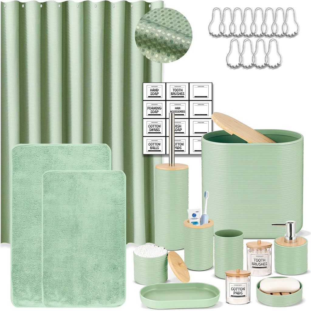 IMAVO Green Bathroom Set,26Pcs Bathroom Accessories Set with Waffle Shower Curtain,Rugs,Trash Can,Tray,Soap Dispenser,Soap Dish,Toothbrush Holder,Toothbrush Cup,Toilet Brush Holder and Qtip Holders