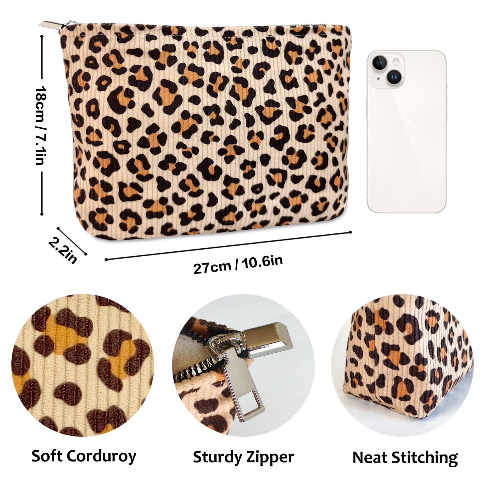 STARDW Corduroy Leopard Makeup Bag Organizer Cosmetic Bags for Women
