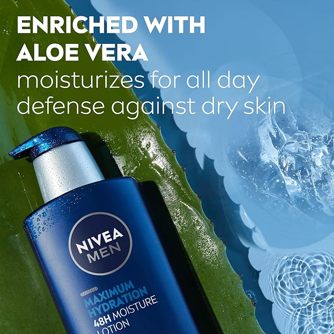NIVEA MEN Maximum Hydration 48-Hour Moisture Body Lotion for Dry Skin, Aloe Vera Lotion for Men, 3-in-1 Body, Face and Hands, Dermatologically-Tested, 16.9 Fl Oz Bottle