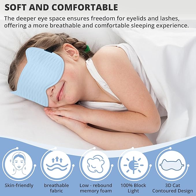 Kids Sleep Mask for Sleeping – Soft 3D Contoured Eye Mask for Kids, Comfortable No-Pressure Eye Cover with Memory Foam for Travel, Naps & Airplane, Boys & Girls (Blue)