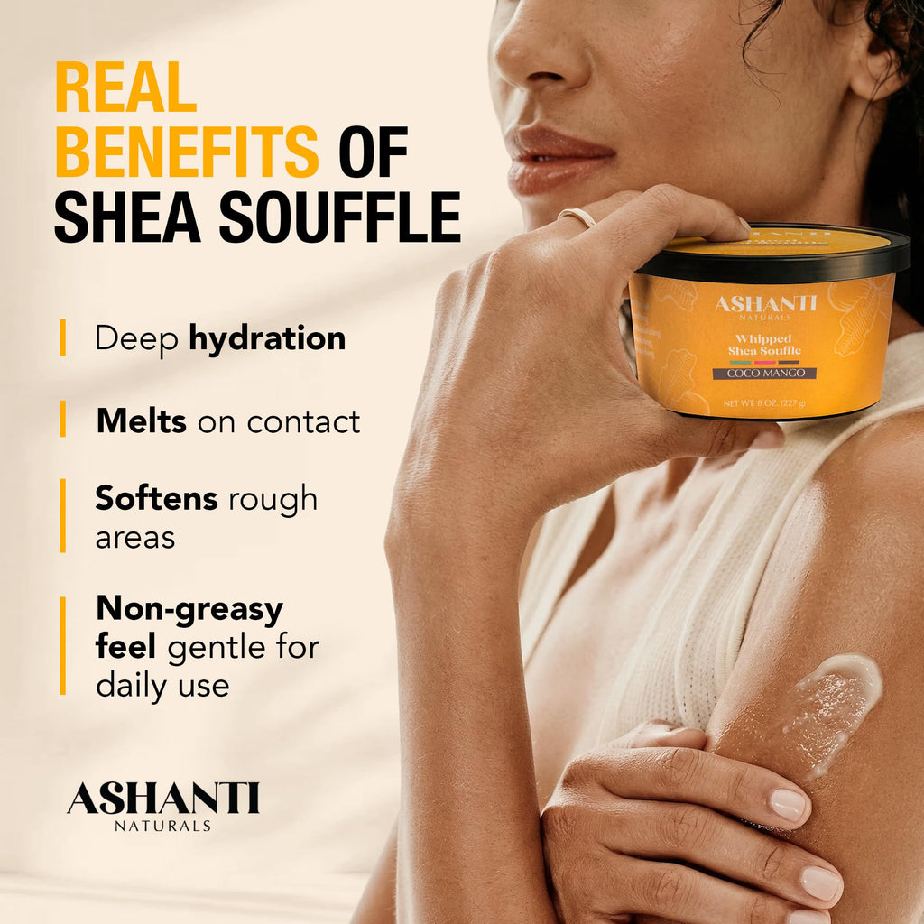 Ashanti Naturals Scented Whipped Shea Butter | African Body Butter for Women Men w/Coconut and Almond Oil (Coco Mango Souffle, 8 oz)
