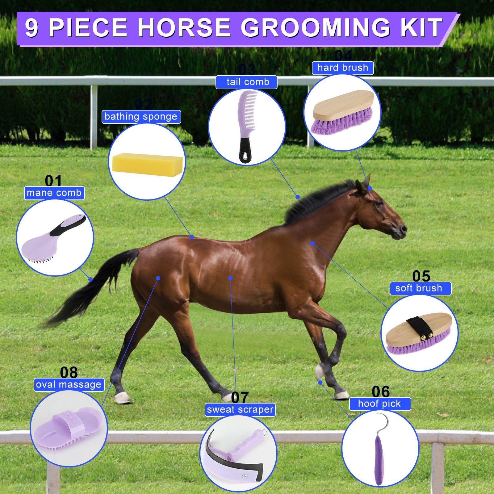 GINDOOR Horse Grooming Kit, 9-Piece Horse Brush Set with Tote Bag, Purple