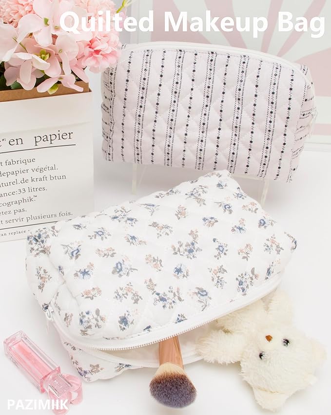 PAZIMIIK Small Quilted Makeup Bag,Zipper Cosmetic Pouch,Gauze Hyacinth