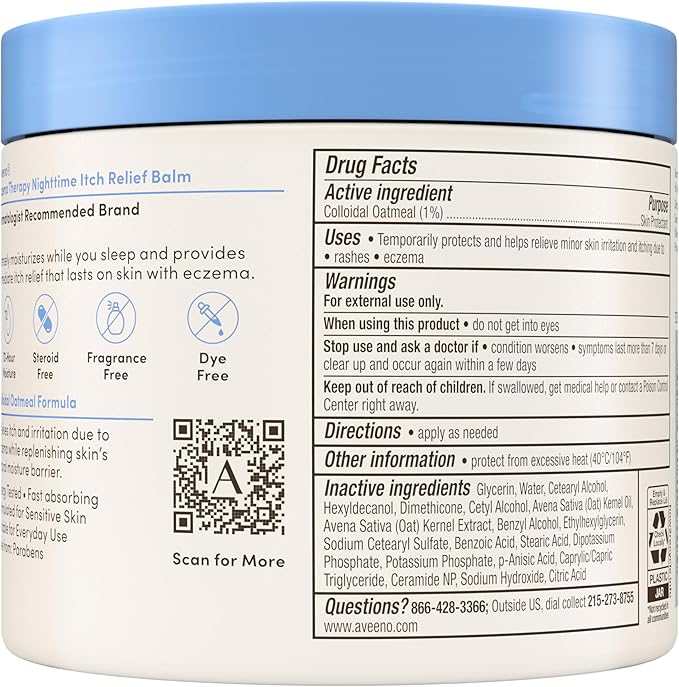 Aveeno Eczema Therapy Nighttime Itch Relief Balm, Colloidal Oatmeal Formula Instantly Soothes Itchy, Eczema-Prone Skin, Moisturizing Balm for Sensitive Skin, Steroid- & Fragrance-Free, 11 oz