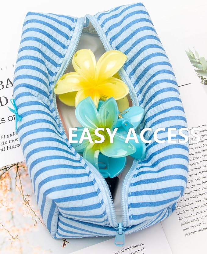 Cozy Makeup Bag for Women,Zipper Cosmetic Pouch,Stripe Lake Blue,2 Pack