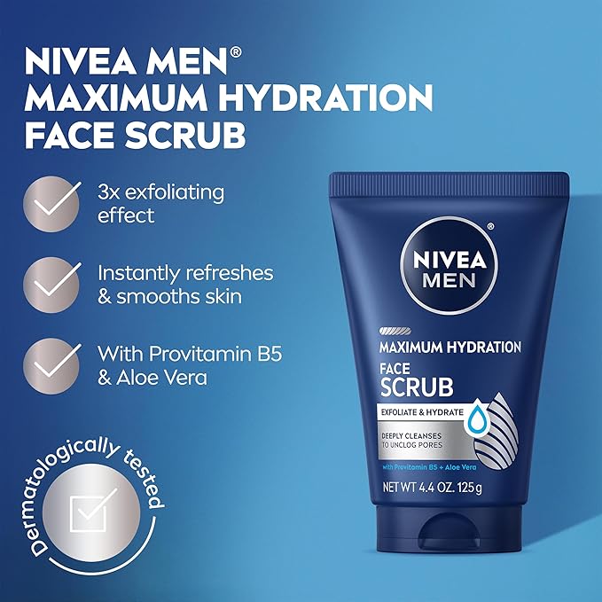 NIVEA MEN Maximum Hydration Face Scrub with Provitamin B5 and Aloe Vera, Exfoliating Face Wash Deeply Cleanses to Unclog Pores, 4.4 Oz Tube, Pack of 3