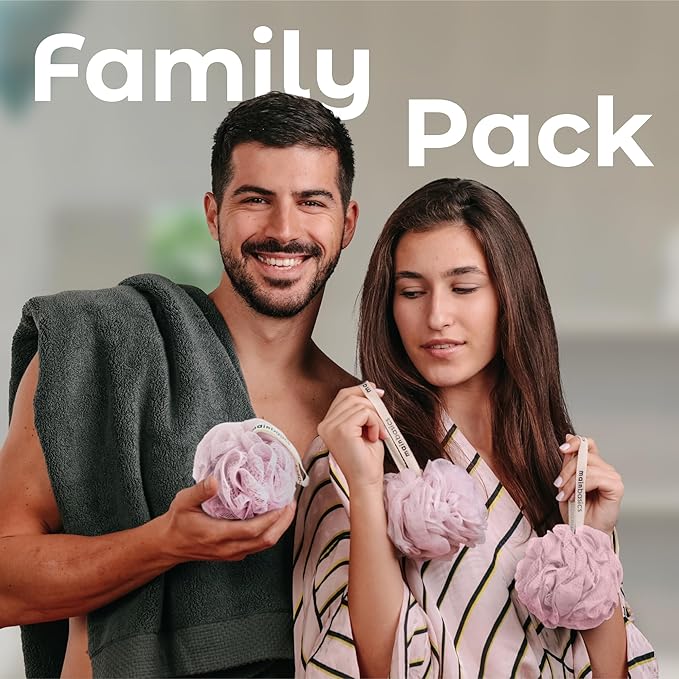 MainBasics Shower Loofah Sponge Pouf, Set of 3, Perfectly Pink