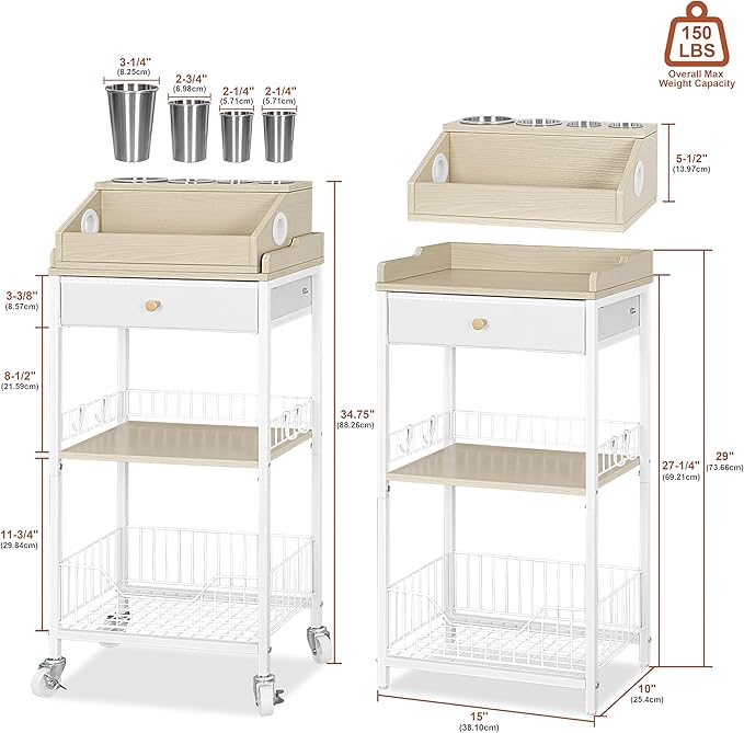 NauwaBarn Makeup Organizer Cart with Removable Cosmetic Display Case, Large Makeup Cart with Drawer and 4 SS Tool Cups, 2-in-1 Vanity Organizer for Skincare Perfume Nail Polish Brush, White & Natural