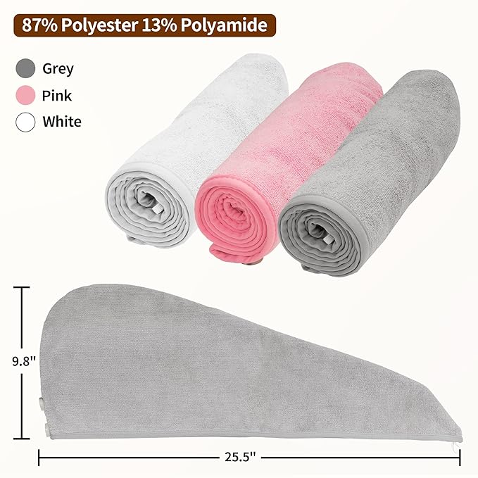 NEXCOVER Hair Towel Microfiber, 3 Pack White Grey Pink 9.8 inch X 25.5 inch Hair Wrap,Ultra Absorbent Hair Turbans,Fast Drying Head Towels for Women Wet Hair,Long,Curly,Thick,Frizzy Hair