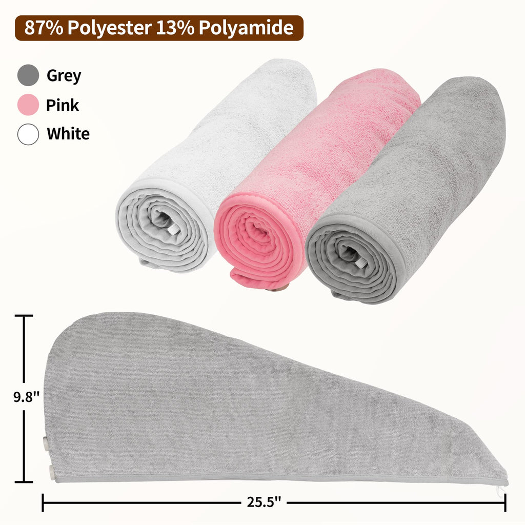 NEXCOVER Hair Towel Microfiber, 3 Pack White Grey Pink 9.8 inch X 25.5 inch Hair Wrap,Ultra Absorbent Hair Turbans,Fast Drying Head Towels for Women Wet Hair,Long,Curly,Thick,Frizzy Hair