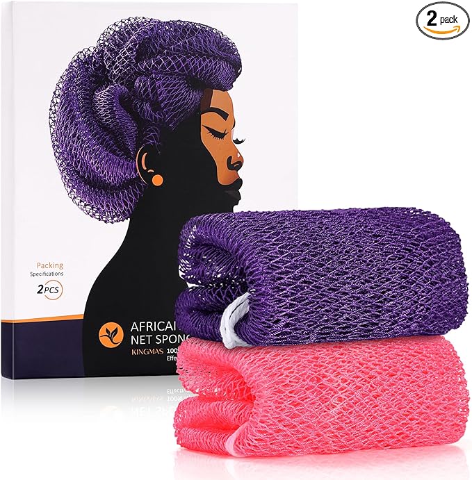 KINGMAS African Net Sponge, Authentic Nylon with Knots, 2 Pieces Exfoliating Body Scrubber Bath Sponge, Back Scrubber Washcloth for Shower, Body Care Bathing (Purple & Pink)