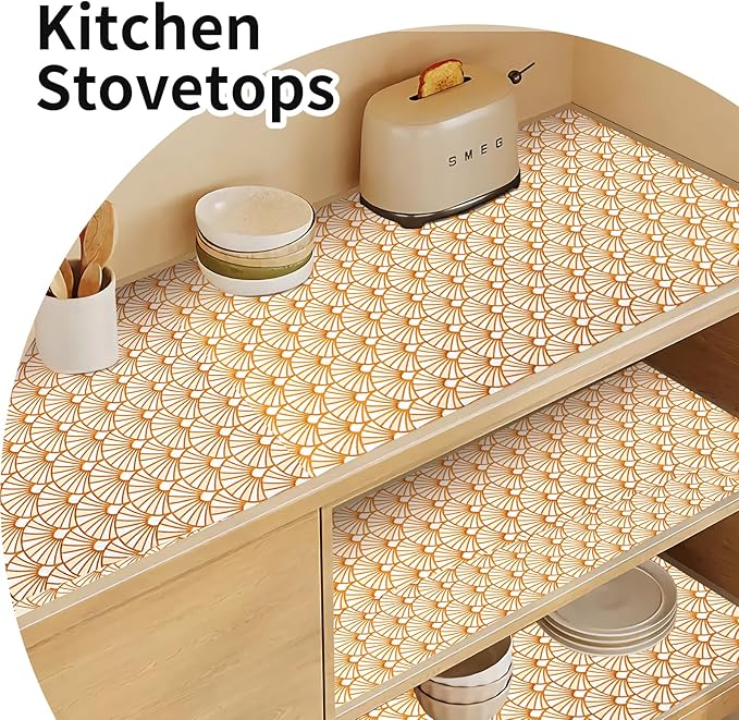 Shelf and Drawer Liner for Kitchen Cabinet,Non-Adhesive Waterproof Oil-Proof Easy Clean Shelf Liner for Dresser & Bathroom Vanities with Adhesive Dots & Cutting Tool(12 in X 20 Ft Gold Fish Scale)