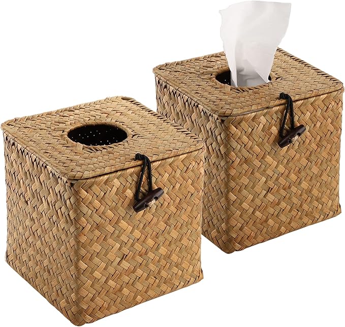 Yesland 2 Pack Square Seagrass Facial Tissue Box - Decorative Woven Paper Holder Napkin Dispense - 5 x 5 x 5 Inches Rattan Tissue Box Cover